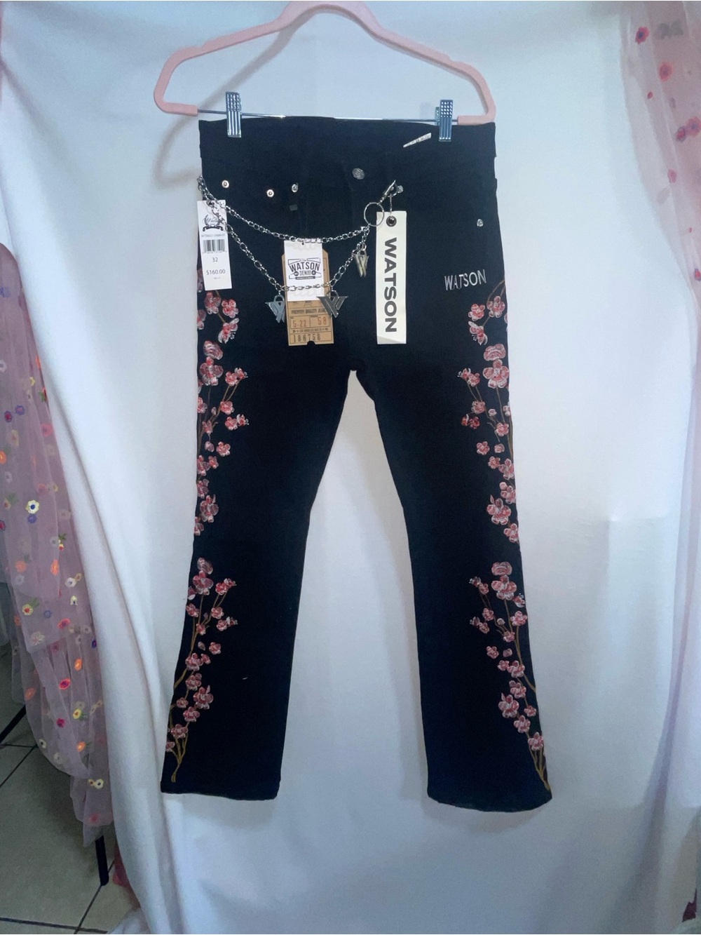 Watson Black Flare Jeans with Pink Floral Embroidery